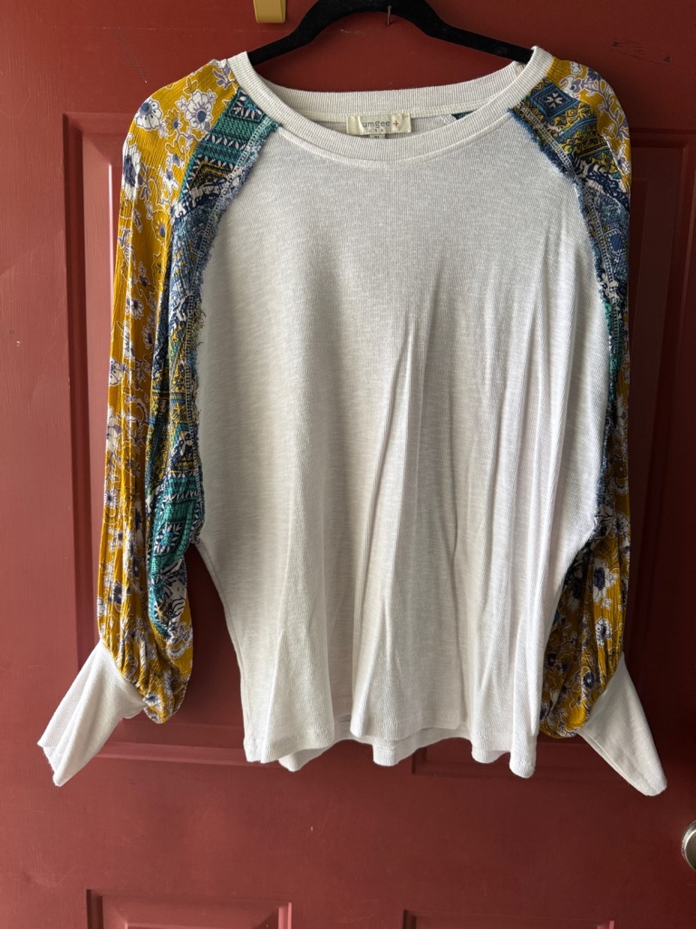 Umgee White Raglan Top with Mustard and Teal Floral Sleeves